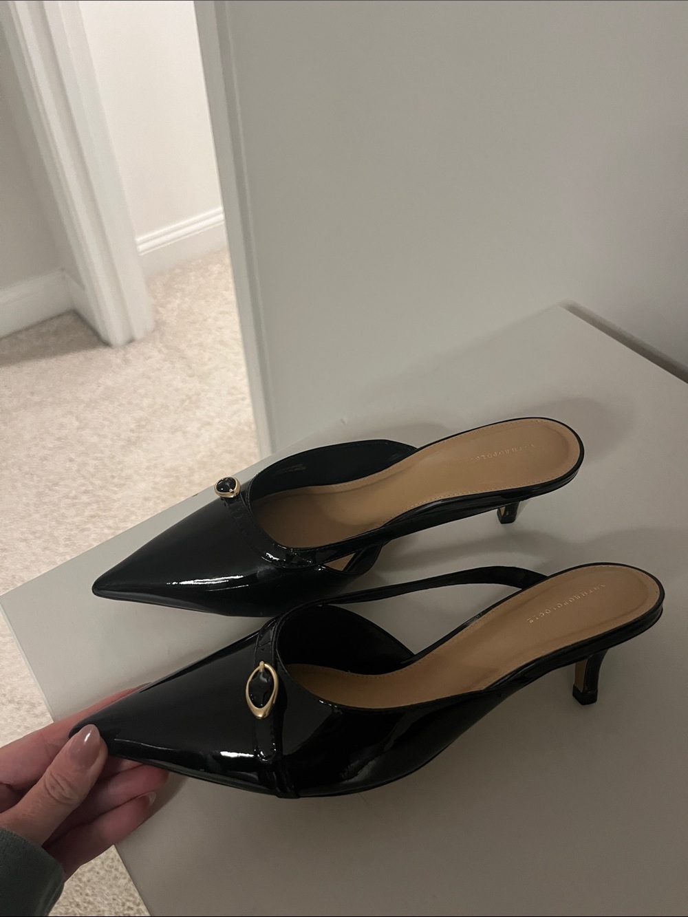 Anthropologie Black Patent Pointed-Toe Slingback Mules with Gold Buckle - Picture 4 of 11